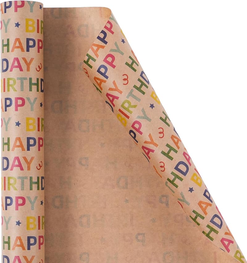 Colorful Happy Birthday Kraft Wrapping Paper Roll - 33 Feet