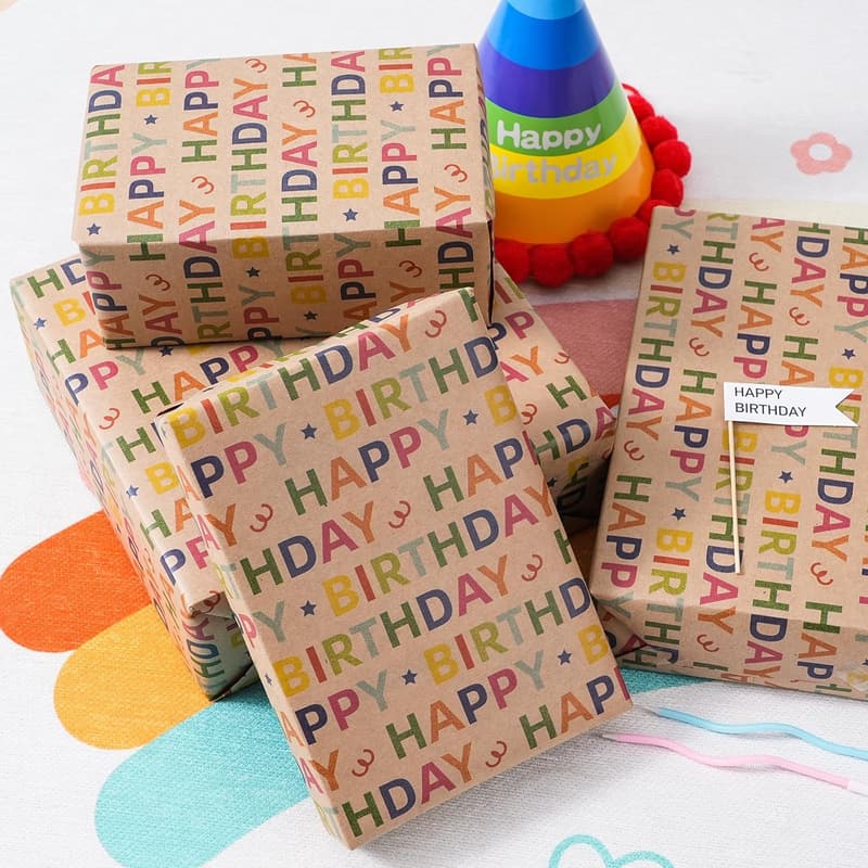 Colorful Happy Birthday Kraft Wrapping Paper Roll - 33 Feet