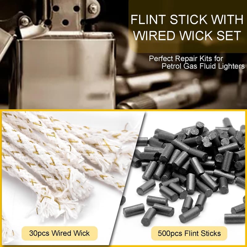 Lighter Repair Kit: 500 Black Flints & 20 Wicks