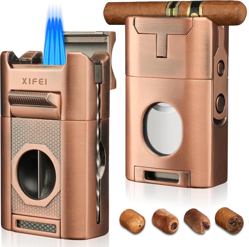 6-in-1 Cigar Lighter Set with Torch, Cutter, & Holder (Bronze)