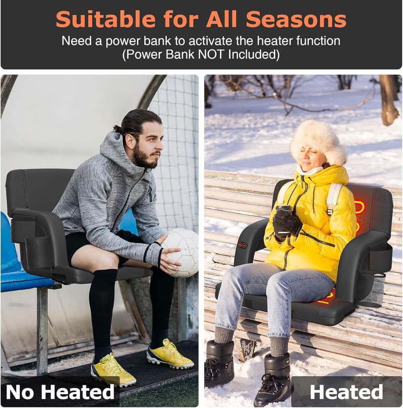 Portable Heated Stadium Seat with Back Support – 3 Heat Levels, 5 Pockets