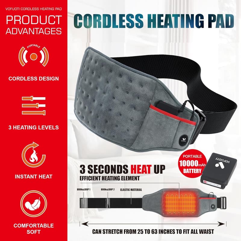 Portable Cordless Heating Pad with 3 Heat Settings for Pain Relief