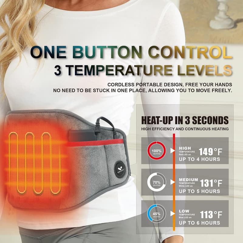 Portable Cordless Heating Pad with 3 Heat Settings for Pain Relief