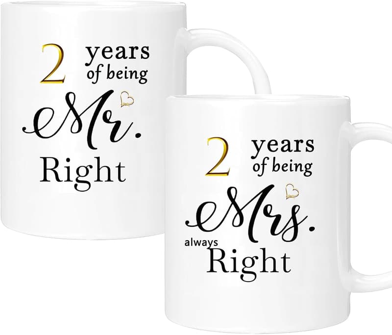 2nd Anniversary Coffee Mugs Set of 2 for Couples, 11oz