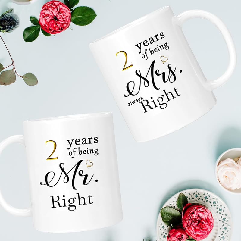 2nd Anniversary Coffee Mugs Set of 2 for Couples, 11oz
