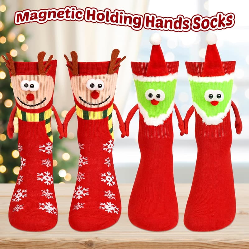 Funny Christmas Hand Holding Socks for Couples - 2 Pairs