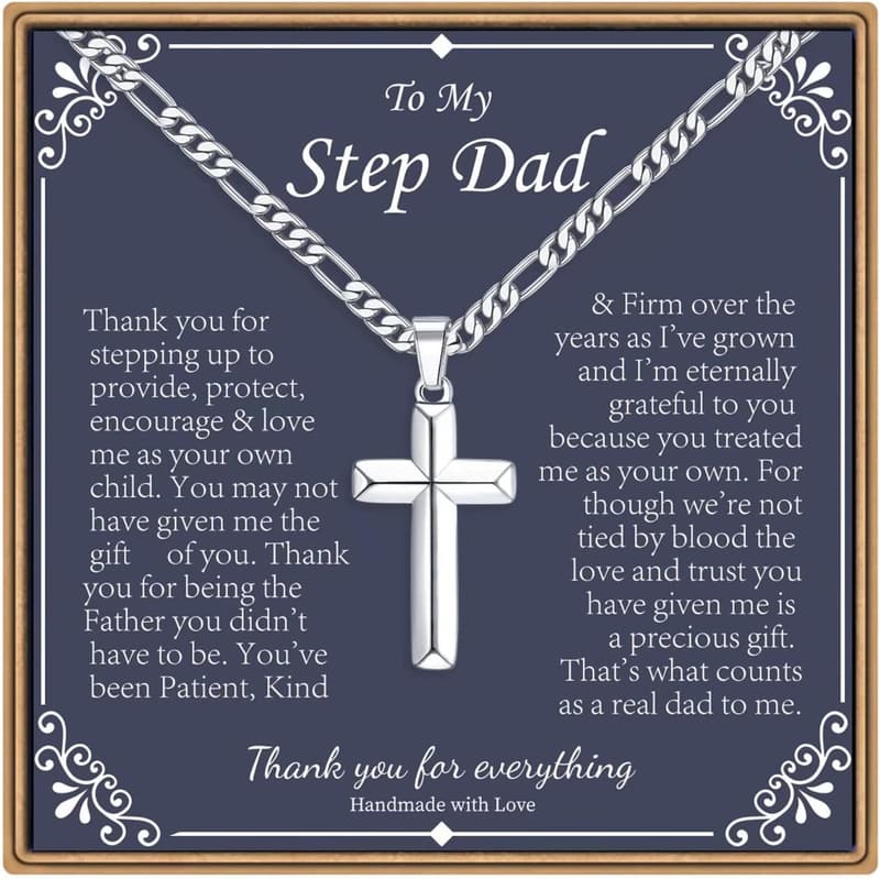 Fathers Day Silver Cross Necklace with Figaro Chain for Men