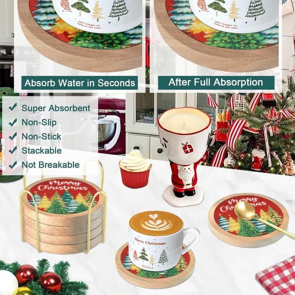 Christmas Tree Coaster Set - 6 Absorbent Drink Coasters