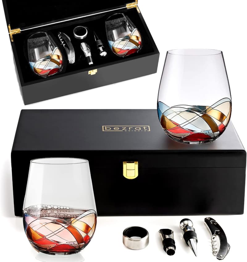 Hand-Painted Stemless Wine Glass Set | 18 oz | Wine Lover Gift
