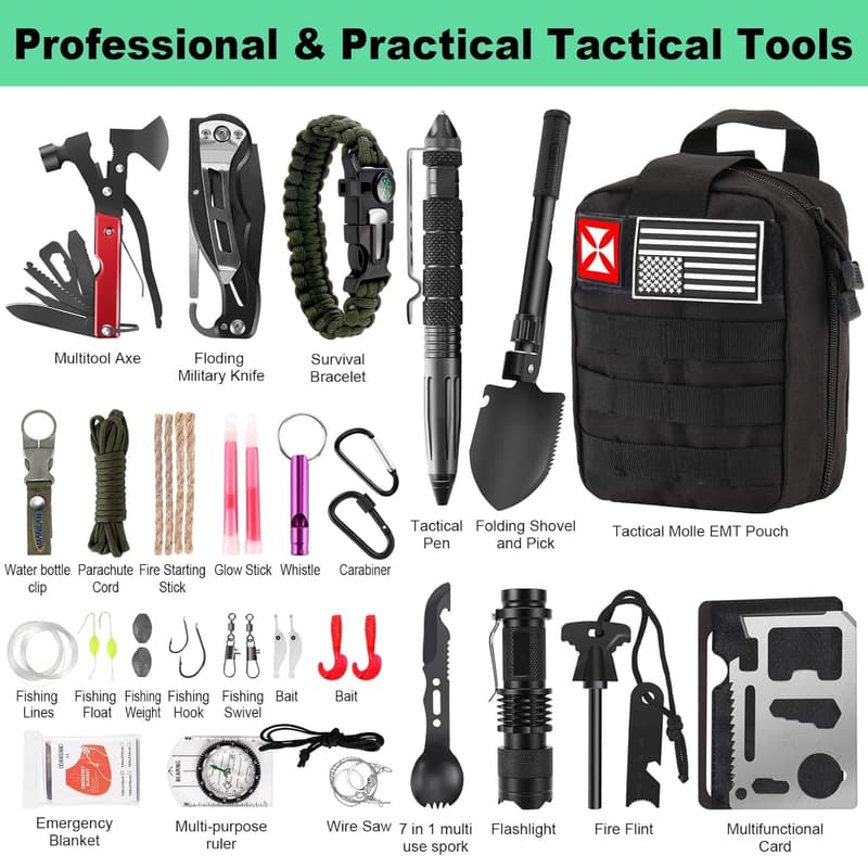 Outdoor Survival Kit 256-in-1 with First Aid and Molle Pouch