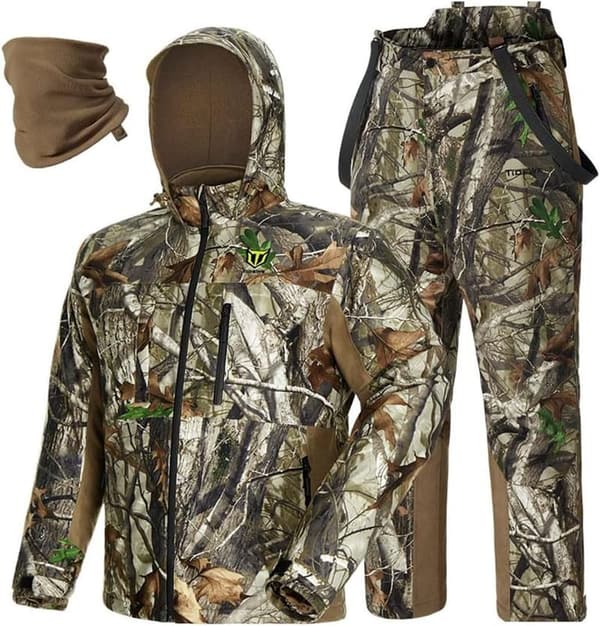 Men's Waterproof Hunting Jacket with Face Mask and Adjustable Bibs