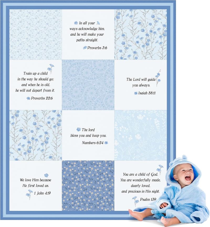 Christian Baby Receiving Blanket with Scripture Flowers (30x40, Blue)