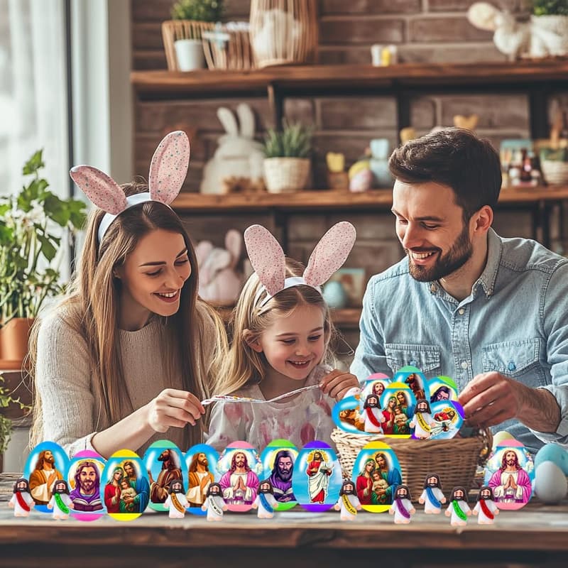 24 Prefilled Easter Eggs with Mini Jesus Figurines for Kids