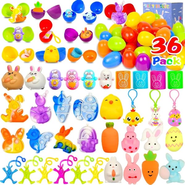 Easter Egg Hunt Toys - 36 Prefilled Plastic Egg Stuffers for Kids