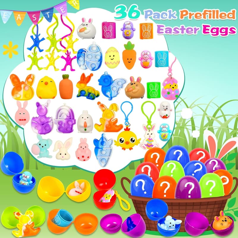 Easter Egg Hunt Toys - 36 Prefilled Plastic Egg Stuffers for Kids