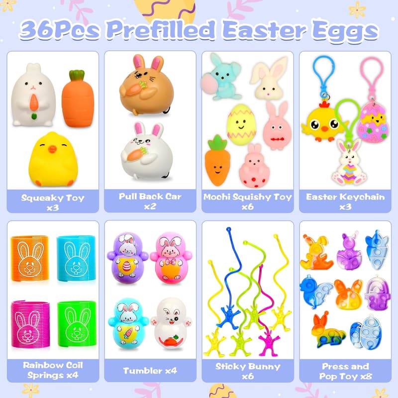 Easter Egg Hunt Toys - 36 Prefilled Plastic Egg Stuffers for Kids