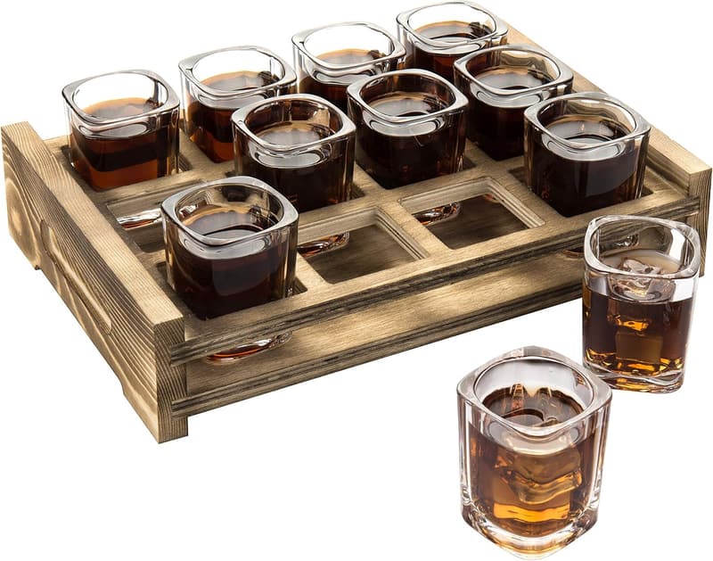 Shot Glass Serving Set with 12 Square Glasses and Wooden Tray