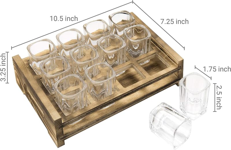 Shot Glass Serving Set with 12 Square Glasses and Wooden Tray