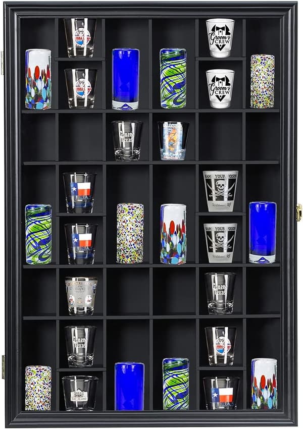 Wall-Mounted Shot Glass Display Case with Lockable Acrylic Door