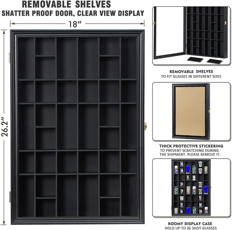 Wall-Mounted Shot Glass Display Case with Lockable Acrylic Door