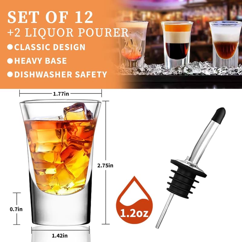 Heavy Base Shot Glass Set of 12 – 1.2 Oz for Whiskey & Tequila
