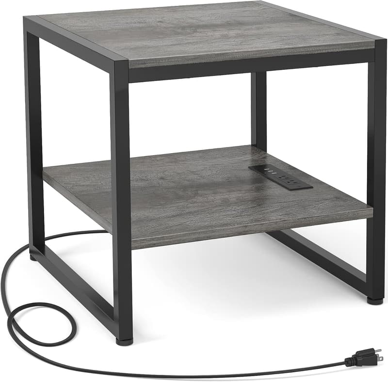 Black Oak End Table with Charging Station & 2-Tier Storage