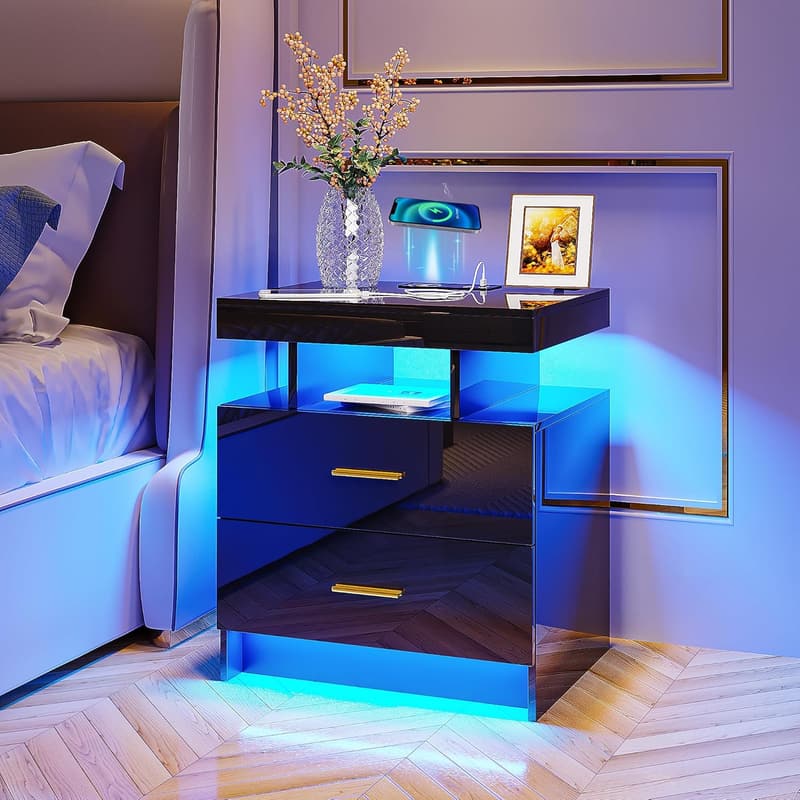 LED Nightstand with Wireless Charging & USB Ports, 2 Drawers