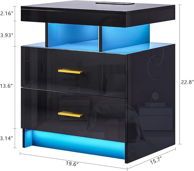 LED Nightstand with Wireless Charging & USB Ports, 2 Drawers