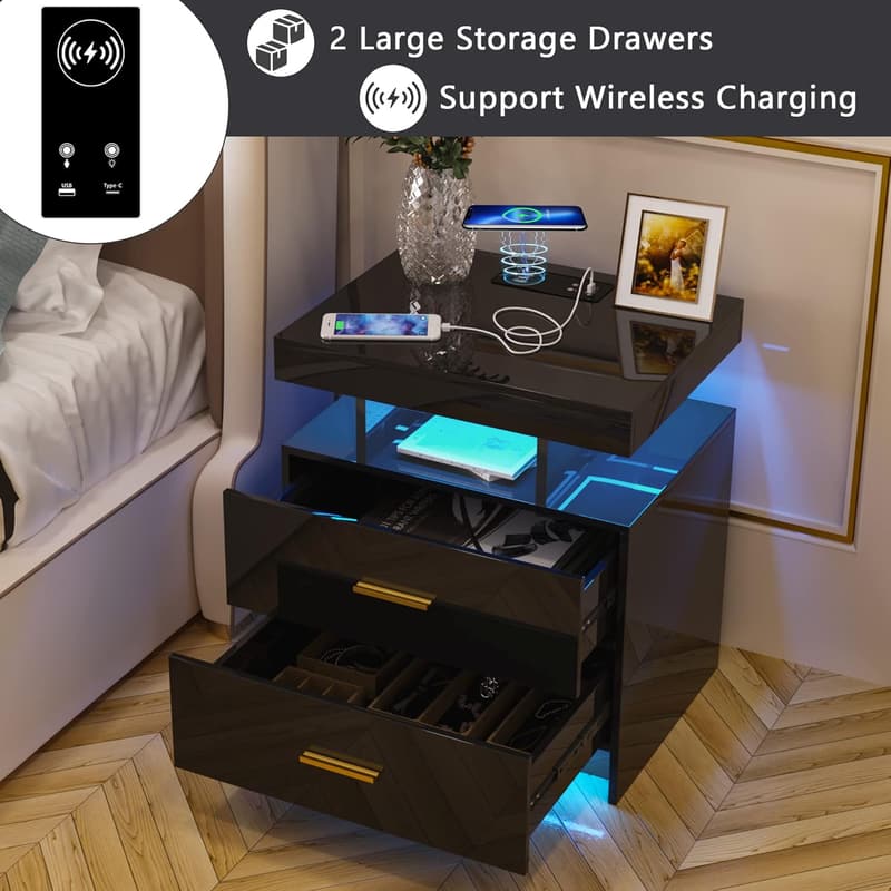 LED Nightstand with Wireless Charging & USB Ports, 2 Drawers