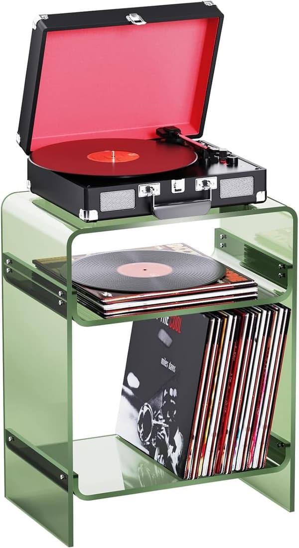 Acrylic Record Player Table with Storage Shelf - Green Nightstand