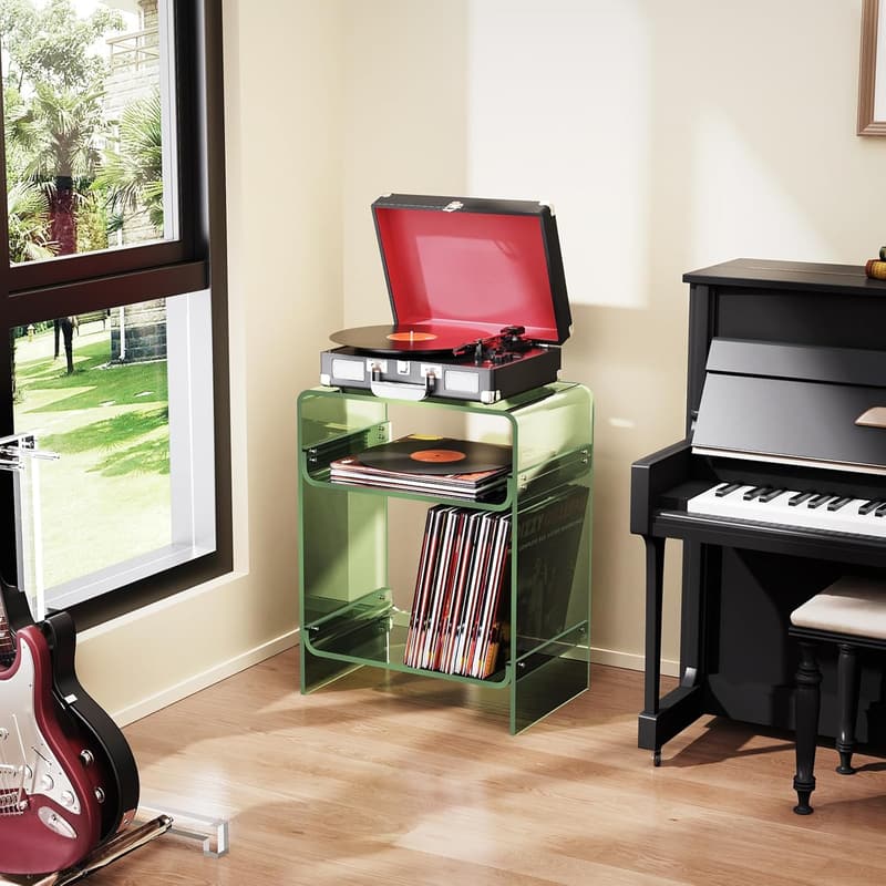 Acrylic Record Player Table with Storage Shelf - Green Nightstand