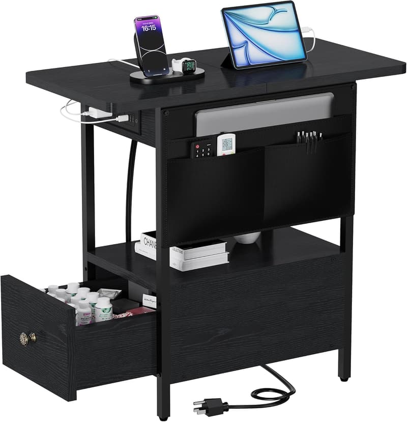 Narrow Side Table with Charging Station and Storage Pocket