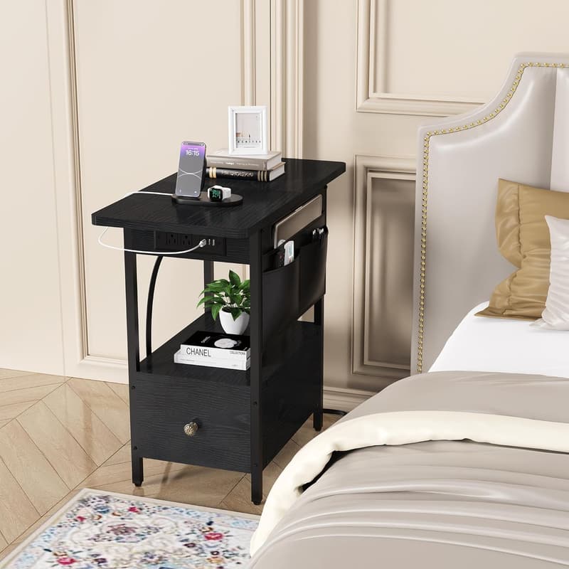 Narrow Side Table with Charging Station and Storage Pocket