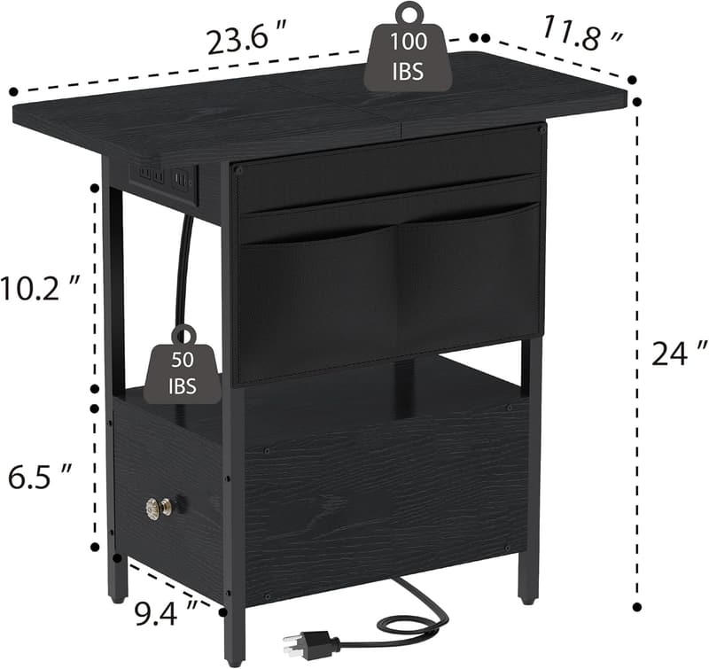 Narrow Side Table with Charging Station and Storage Pocket
