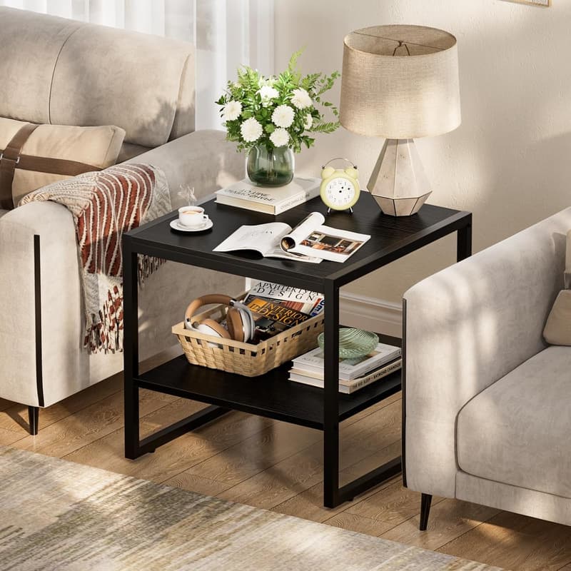 Industrial-Style Black End Table with 2-Tier Storage