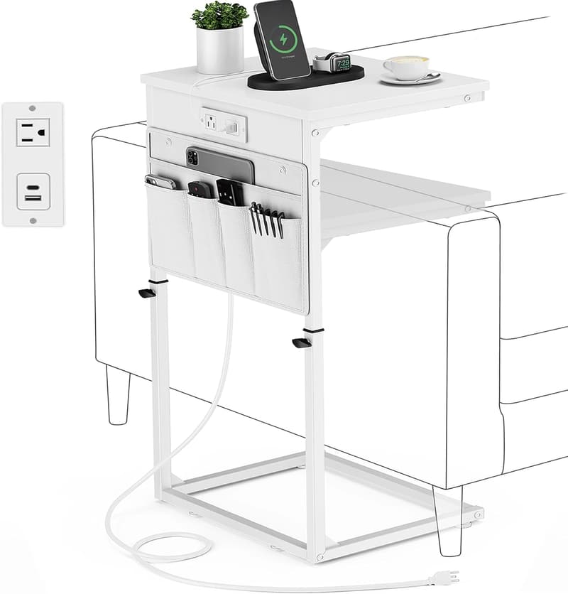 C-Shaped Adjustable Height Side Table with Charging Station