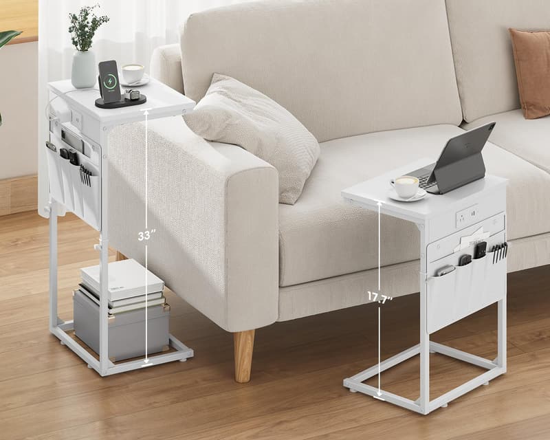 C-Shaped Adjustable Height Side Table with Charging Station