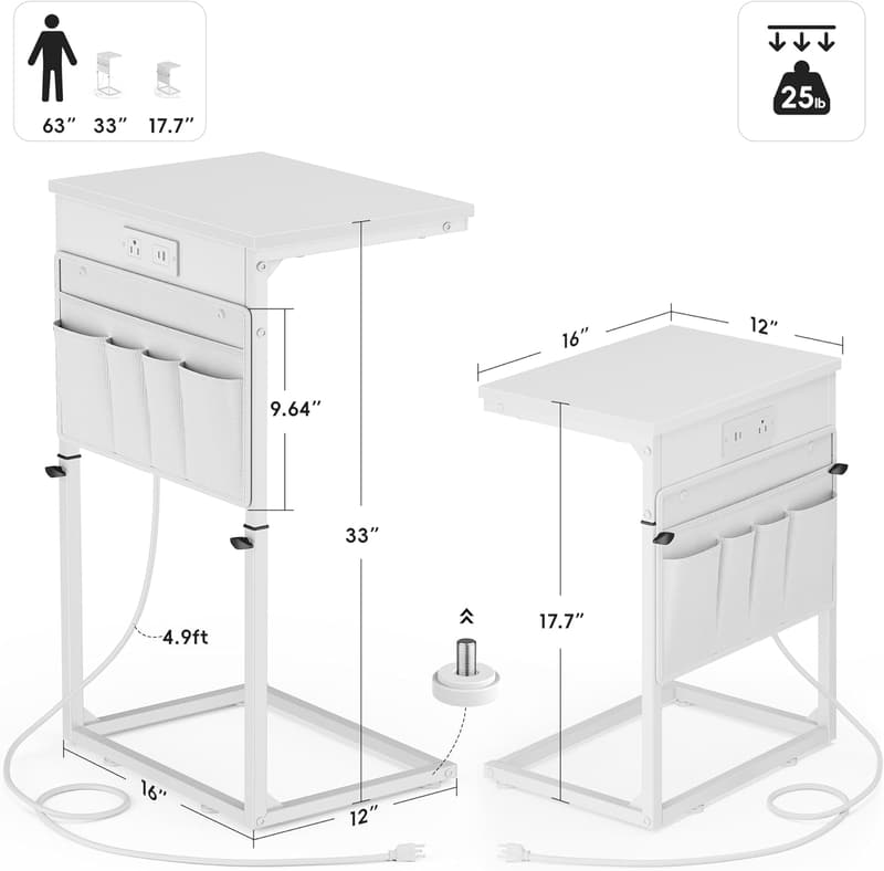 C-Shaped Adjustable Height Side Table with Charging Station