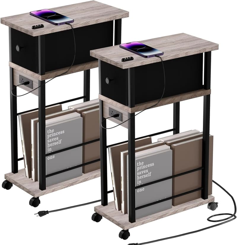 Narrow Side Table Set of 2 with Charging Station and Wheels