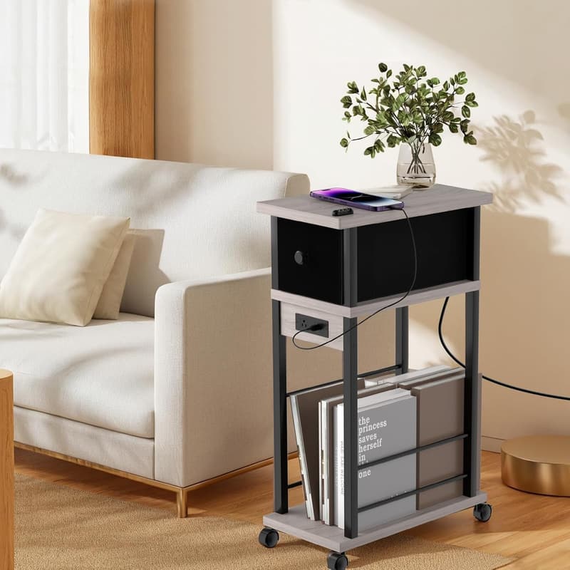 Narrow Side Table Set of 2 with Charging Station and Wheels