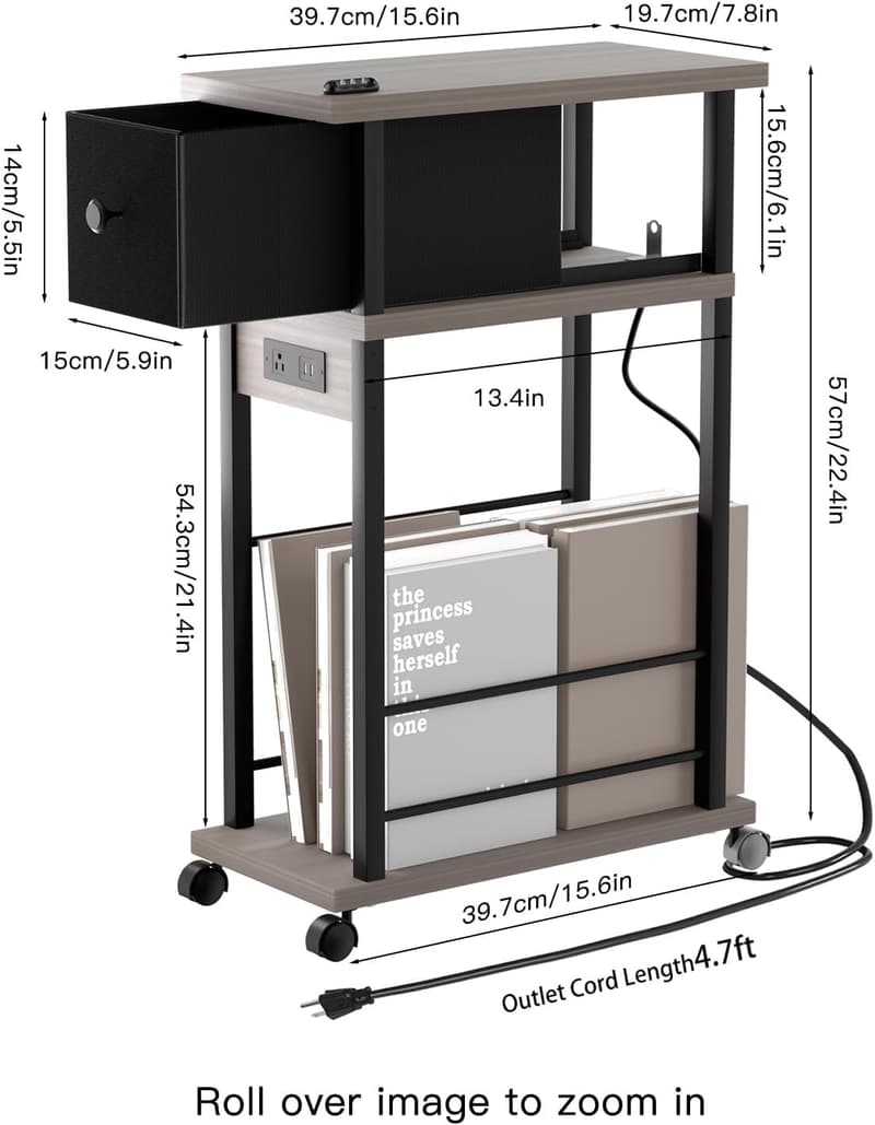 Narrow Side Table Set of 2 with Charging Station and Wheels