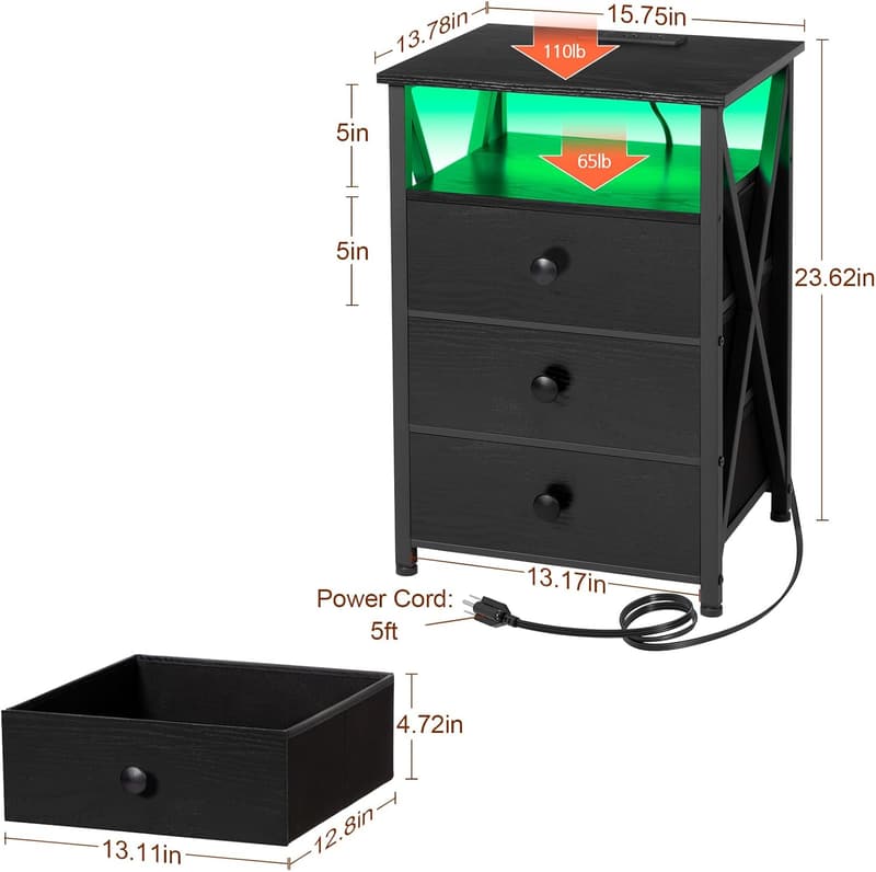 Smart LED Nightstand with USB Charging and Storage Drawers