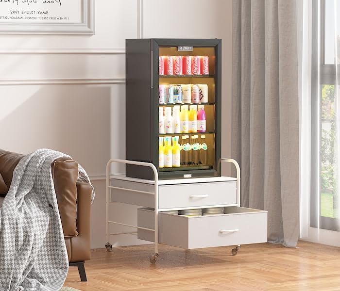 Mini Fridge Stand with Storage & Drawers, White