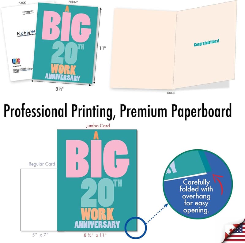 20th Work Anniversary Jumbo Card - 8.5 x 11 Inch Notecard