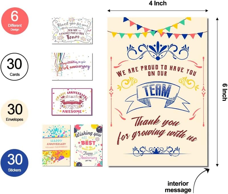 Employee Appreciation Cards - 30 Pack with Envelopes & Stickers