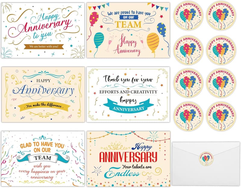 Employee Anniversary Thank You Cards - 36 Set with Envelopes & Stickers