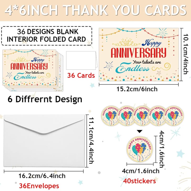 Employee Anniversary Thank You Cards - 36 Set with Envelopes & Stickers