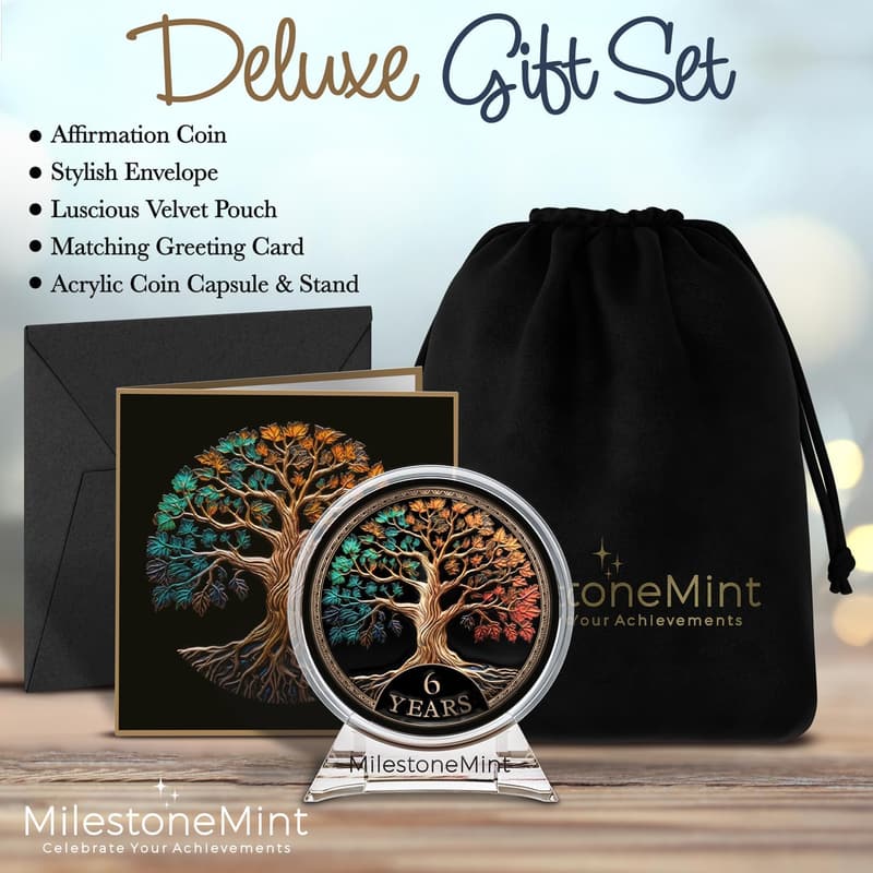 6-Year Sobriety Coin Gift Set | Tree of Life Medallion with Stand & Card