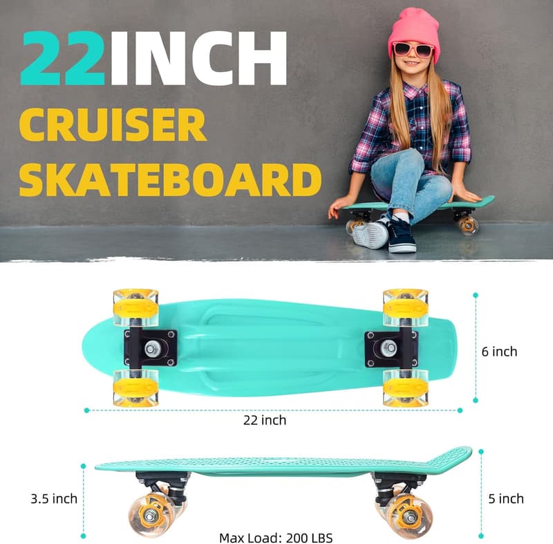 Kids' 22-Inch Retro Mini Cruiser Skateboard with Light-Up Wheels