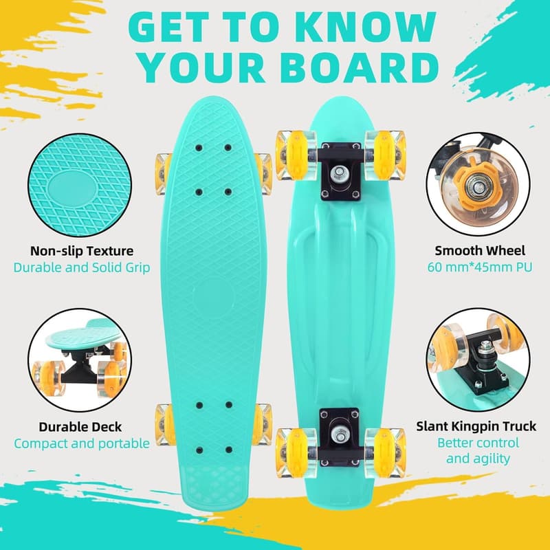 Kids' 22-Inch Retro Mini Cruiser Skateboard with Light-Up Wheels